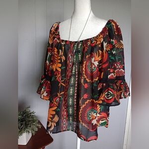 Moon Orchid Floral Boho Style Blouse Size Large